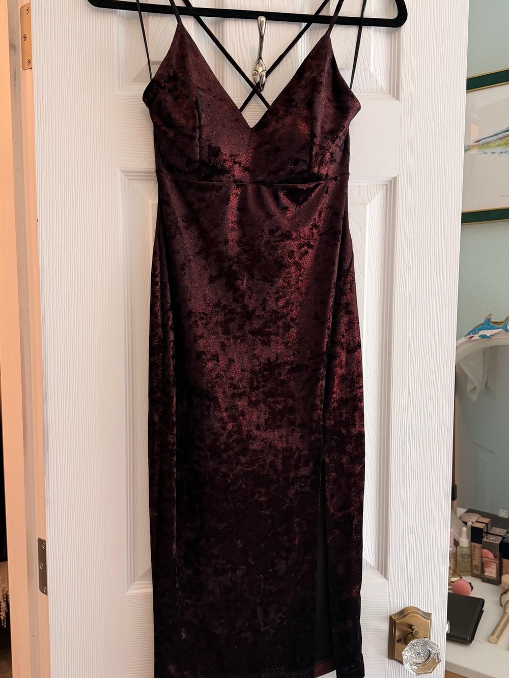 Velvet Burgundy Shimmer Slip Dress with Spaghetti Straps and Slit